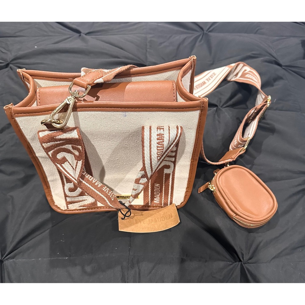 Steve Madden Canvas Mini Tote Crossbody Bag Brown Cream with Coin Pouch NWT